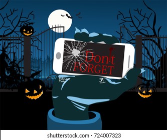 Halloween party dead man's hand with phone