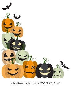 Halloween party decoration corner with bats, pumpkins, witch hat. Cute Jack O Lantern Evil Pumpkin corner for Halloween. Simple banner hanging party classy decor vector element.