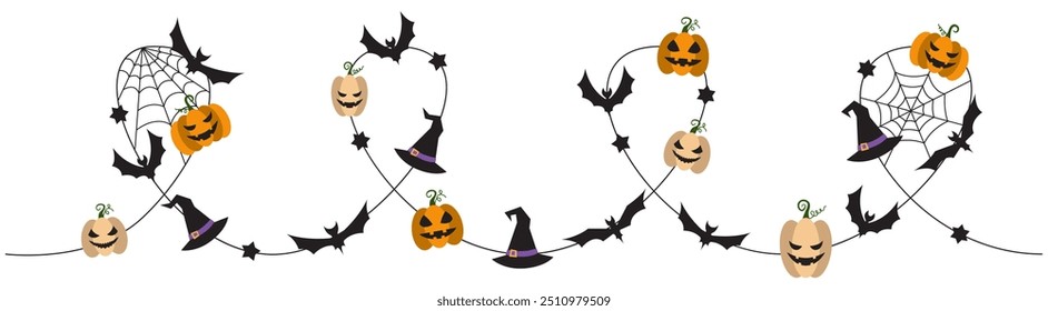 Halloween party decoration garland with bats, pumpkins, witch hat. Cute Jack O Lantern Evil Pumpkin Garland for Halloween. Simple banner hanging party classy decor vector element.