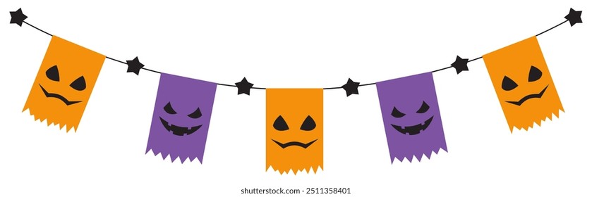 Halloween party decoration garland with bats, pumpkins, witch hat. Cute Jack O Lantern Evil Pumpkin Garland for Halloween. Simple banner hanging party classy decor vector element.