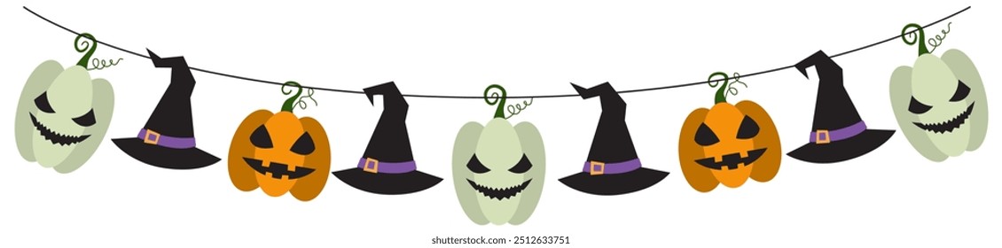 Halloween party decoration garland with bats, pumpkins, witch hat. Cute Jack O Lantern Evil Pumpkin Garland for Halloween. Simple banner hanging party classy decor vector element.