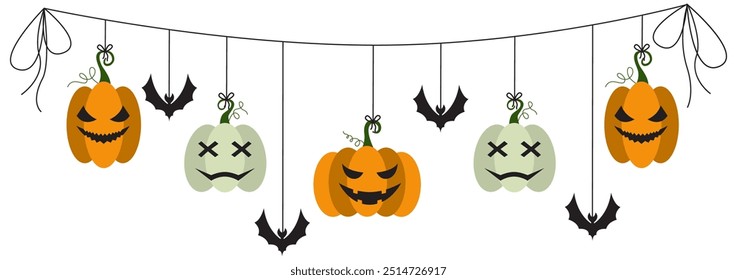 Halloween party decoration garland with bats, pumpkins, witch hat. Cute Jack O Lantern Evil Pumpkin Garland for Halloween. Simple banner hanging party classy decor vector element.