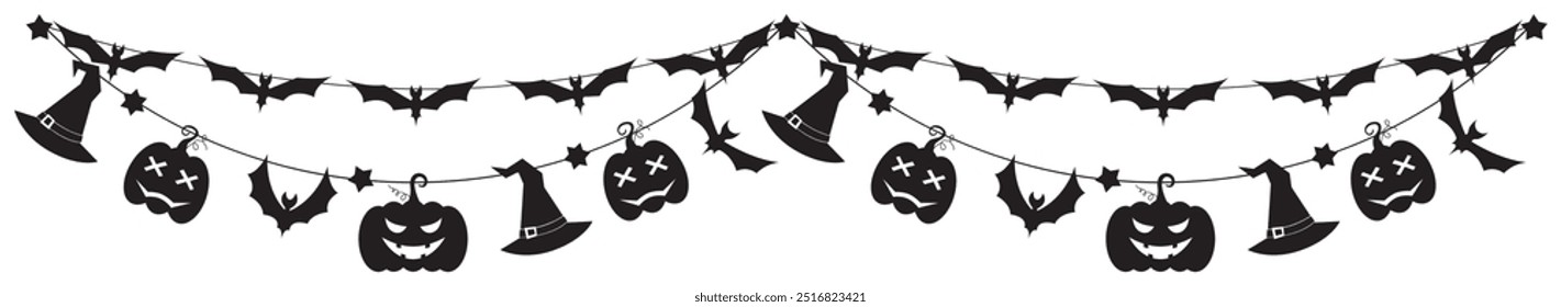 Halloween party decoration garland with bats, pumpkins, witch hat. Cute Jack O Lantern Evil Pumpkin Garland for Halloween. Simple banner hanging party classy decor vector element.