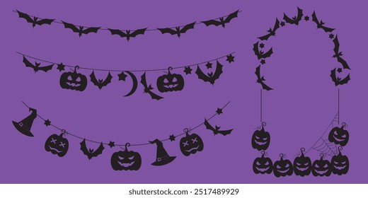 Halloween party decoration garland set with bats, pumpkins, witch hat. Cute Jack O Lantern Evil Pumpkin Garland Set for Halloween. Simple banner hanging party classy decor vector element.