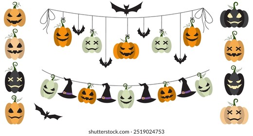 Halloween party decoration garland set with bats, pumpkins, witch hat. Cute Jack O Lantern Evil Pumpkin Garland Set for Halloween. Simple banner hanging party classy decor vector element.