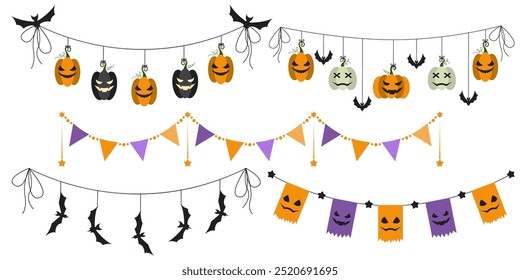 Halloween party decoration garland set with bats, pumpkins, witch hat. Cute Jack O Lantern Evil Pumpkin Garland Set for Halloween. Simple banner hanging party classy decor vector element.