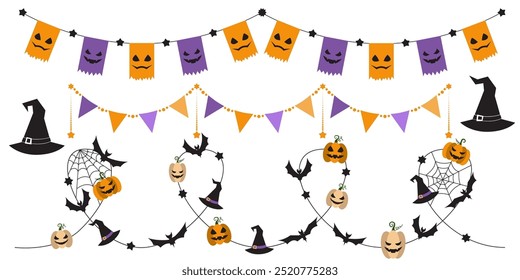 Halloween party decoration garland set with bats, pumpkins, witch hat. Cute Jack O Lantern Evil Pumpkin Garland Set for Halloween. Simple banner hanging party classy decor vector element.