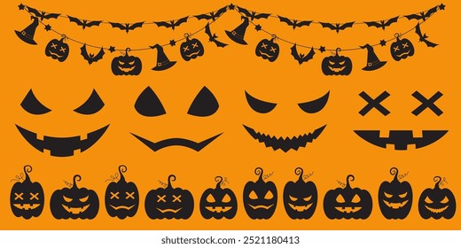 Halloween party decoration garland set with bats, pumpkins, witch hat. Cute Jack O Lantern Evil Pumpkin Garland Set for Halloween. Simple banner hanging party classy decor vector element.