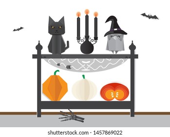 Halloween party decoration idea with pumpkins,black cat,owl and black candle flame,vector illustration paper art style.