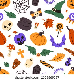 Halloween party decoration on endless background. Repeatable pattern of scary pumpkins, skulls, candies, witch hats, spooky bats, spiderweb for Helloween holiday. Flat seamless vector illustration