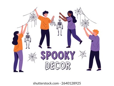 Halloween party decoration preparation group of people