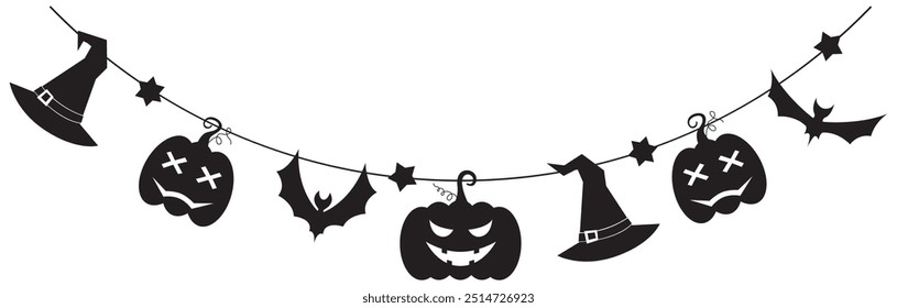 Halloween party decoration silhouette garland with pumpkins, bats, witch hat. Cute Jack O Lantern Evil Pumpkin Garland for Halloween. Simple banner hanging party classy decor vector element.