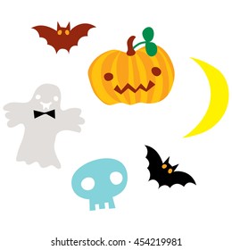 Halloween party decoration. vector illustrations. Cartoon pumpkin, skull, bat, moon, ghost. 