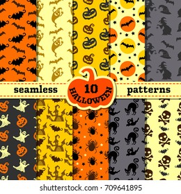 Halloween party decorations. Big seamless patterns set. Backgrounds with pumpkin and black cat, witch and bat