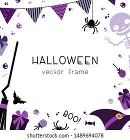 Halloween party decorations square frame with decorative with garlands, flags, gifts, hat, broom, skeleton and sweets on white background. Halloween flat vector social media banner template.