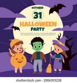 Halloween party. Demonic spooky holiday, kids invitation or greeting, happy friends in pumpkin, zombie, witch costumes, trick or treat. Little monsters celebrating vector cartoon poster