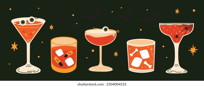 Halloween party design concept. Spooky, creepy, scary cocktails vector illustrations set cartoon retro groovy funky style. Collection of various fancy drinks in different shapes glasses