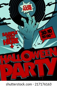 Halloween party design with hand holding vinyl in pop-art style.