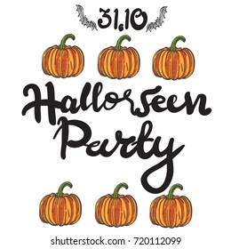Halloween party design lettering with pumpkin and bat icons. Vector halloween invitation card elements 