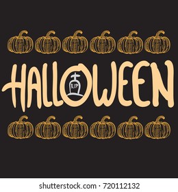 Halloween party design lettering with pumpkin and grave icons. Vector halloween invitation card elements 