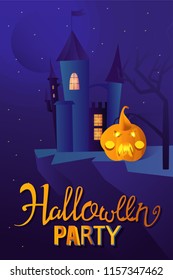 Halloween Party Design poster, with pumpkin, gloomy castle and lettering. Vector Illustration. Trick or Treat Concept.
