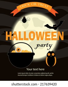 Halloween Party Design template, with cauldron, bats, owl  and place for text, vector illustration