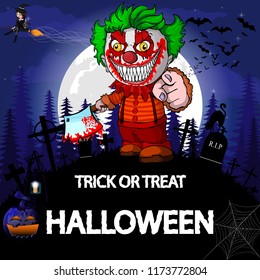 Halloween Party Design template, with clown, witch, pumpkin and lamp.