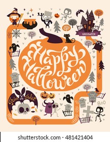 Halloween Party Design template, with the Dracula house within a pumpkin. Fairy map location with the graveyard, cartoon cute zombies, ghosts, skeletons and trees on a background. Vector