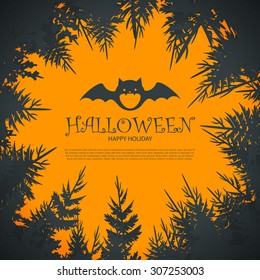 Halloween Party Design template, with forest & bat. Vector illustration