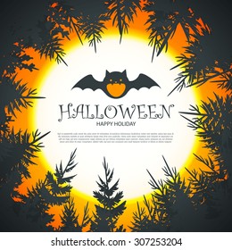 Halloween Party Design template, with forest & bat. Vector illustration
