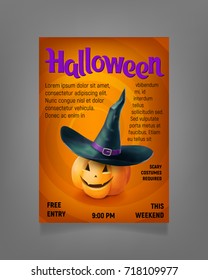 Halloween Party Design template, with jack o lantern pumpkin and hat on orange background. Vector illustration.