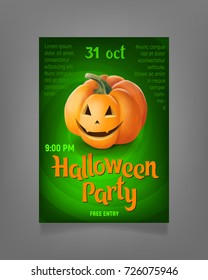 Halloween Party Design template, with jack o lantern pumpkin on green baackground. Vector illustration.