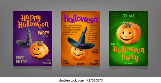 Halloween Party Design template, with jack o lantern pumpkin, hat and ghost. Vector illustration. Three Posters
