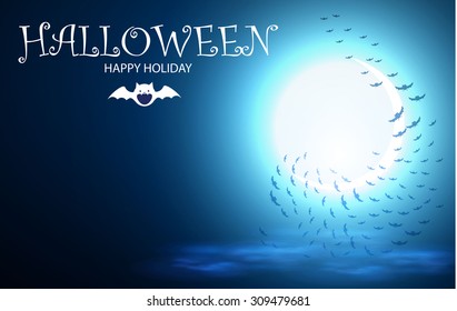 Halloween Party Design Template with Moon & Bats. Vector illustration