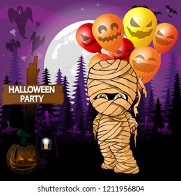 Halloween Party Design template with mummy with ballons.