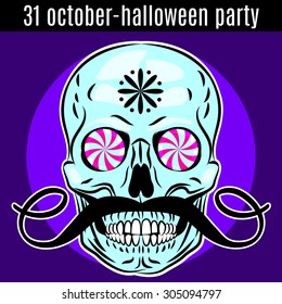 Halloween Party design template for poster, flyer. Funny skull. Vector