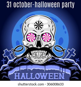 Halloween Party design template for poster. Funny skull. Vector