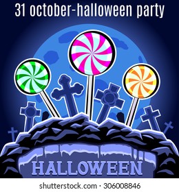 Halloween Party design template for poster. Candy on the cemetery. Vector