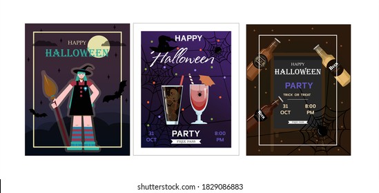 Halloween Party Design template, with pumpkin, sweets, spiders, witches, cookies, balloons and sales information. Flyers for advertising, sales. A set of bright illustrations with beer, drinks and