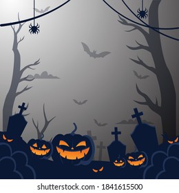
Halloween Party Design Template with Pumpkin, bats, tree, cemetery and Place for Text