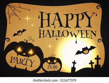 Halloween Party Design template, with pumpkin, bats, crosses and place for text. Vector illustration