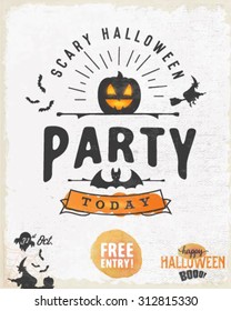 Halloween Party Design Template with Pumpkin and Witch in Vintage Style