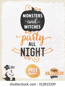 Halloween Party Design Template with Pumpkin and Witch in Vintage Style
