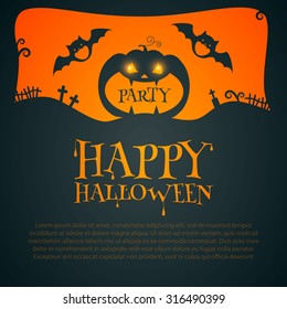 Halloween Party Design template, with pumpkin, bats and place for text. Vector illustration