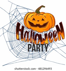 Halloween Party Design template, with pumpkin, spider web and hand drawn lettering. Greeting card or invitation