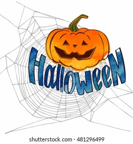 Halloween Party Design template, with pumpkin, spider web and hand drawn lettering. Greeting card or invitation