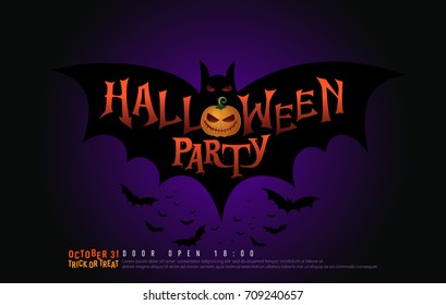 Halloween Party Design template with pumpkin and bat on dark background. october 31 Halloween Party Trick or Treat Logo Design for Banner, Poster, card vector illustrator