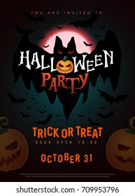Halloween Party Design template with pumpkin and bat on dark background. october 31 Halloween Party Trick or Treat Logo Design for Banner, Poster vector illustrator