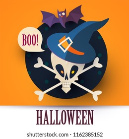 Halloween Party Design Template with Skull wearing Witcjh Hat, Boo Speech Bubble and a Bat, vector illustration
