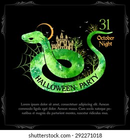 Halloween party design template with snake and sample text. Holiday invitation card with fairytale scene. 